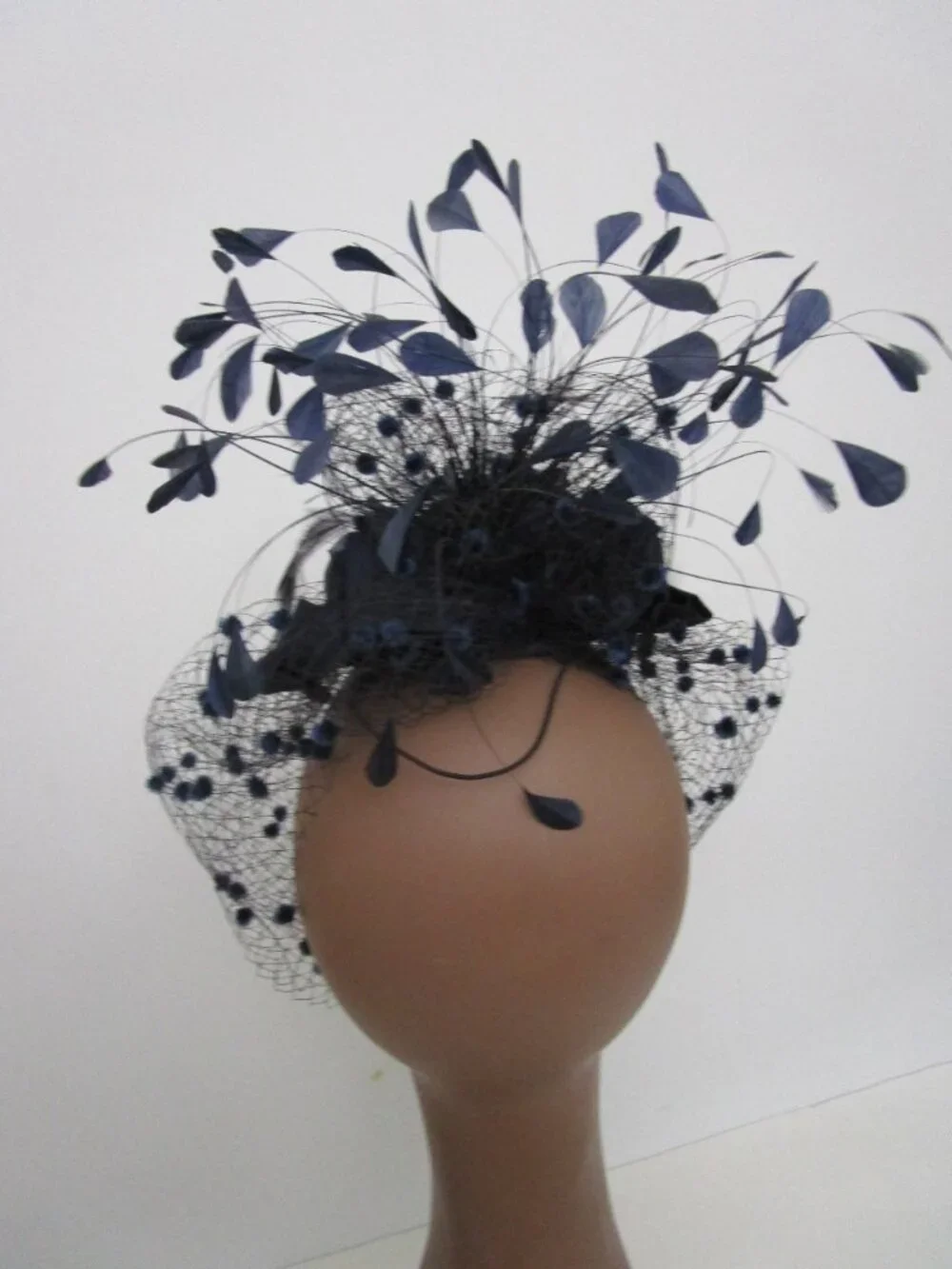 Flocked Veiled Cocktail Hat Silk Flower Feather Navy Wedding